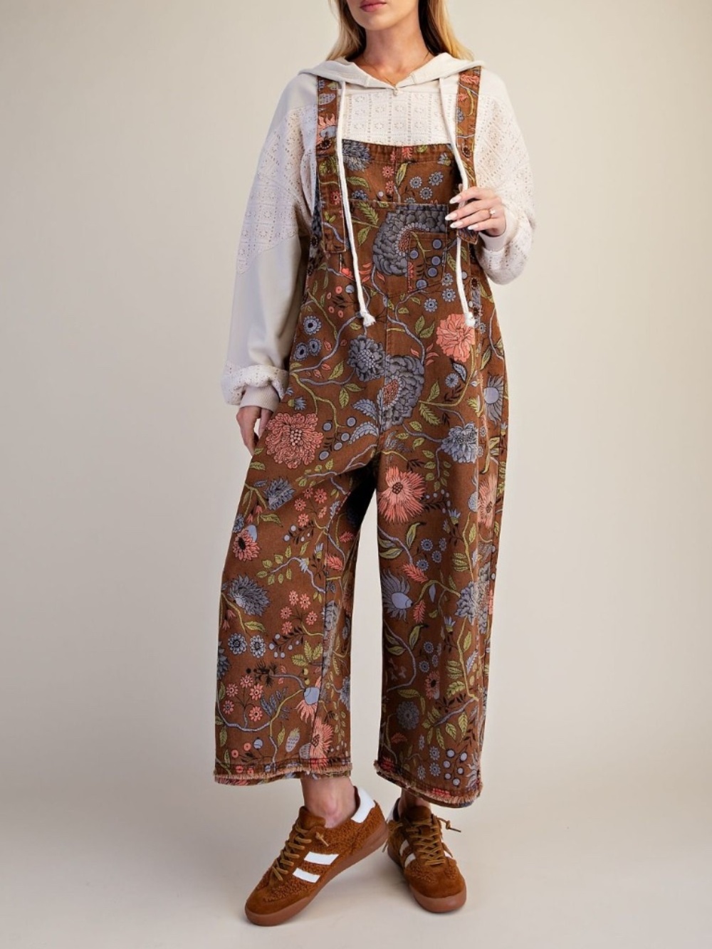 "The Viola" Brown Floral Vintage Washed Oversized Cropped Overalls/Jumpsuit - Picture 2 of 4